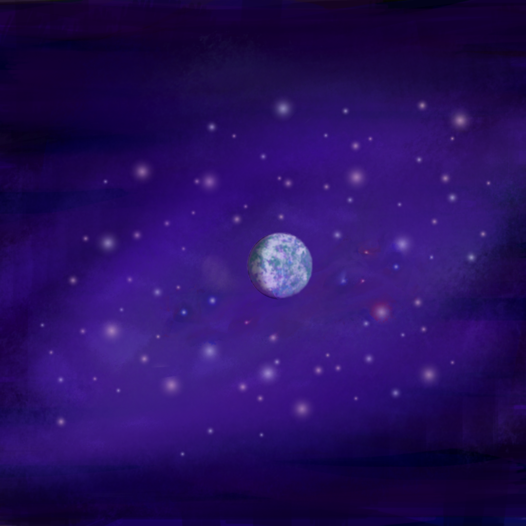 a painting of an alien planet, with a lilac and teal green surface obscured by white clouds, floating in space. it is surrounded by a purple nebula, with a number of stars of varying sizes and colours within.